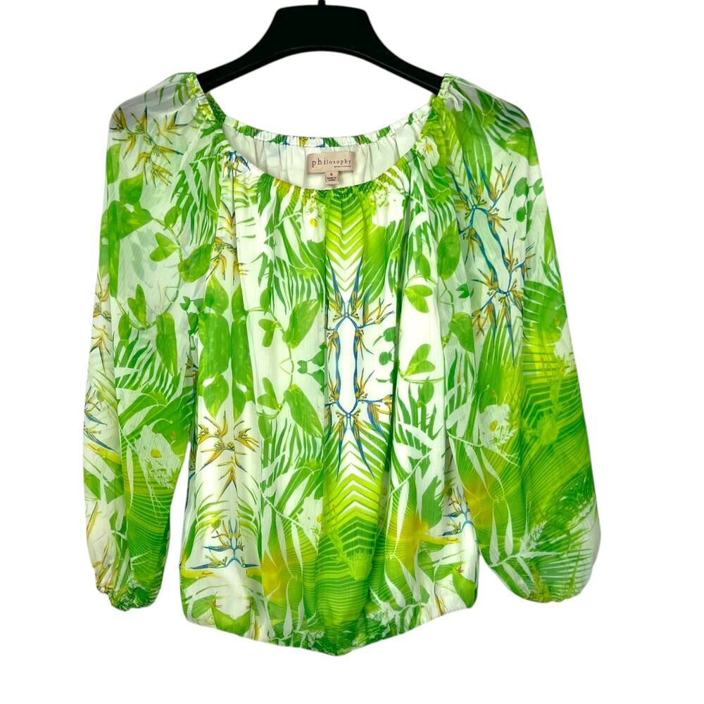 Philosophy Women's Size S Green White Tropical Peasant Blouse Top Summer Casual
